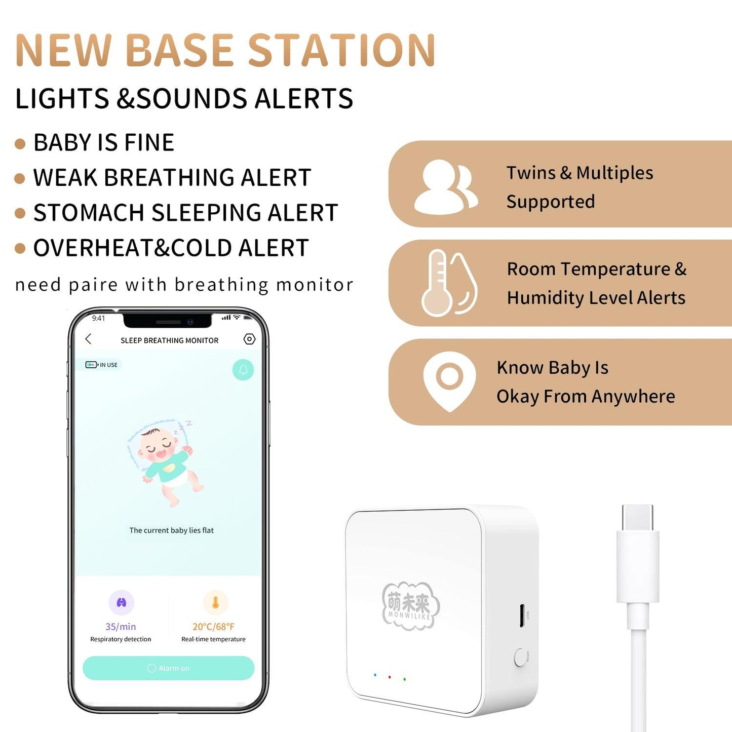 MOMWILIKE Base Station (2.4 GHz) - Compatible with MOMWILIKE Baby Breathing Monitors, No Distance Limitations. You Could See Your Baby's Sleeping State Anytime（Smart Baby Monitor Not Included - Momwilike